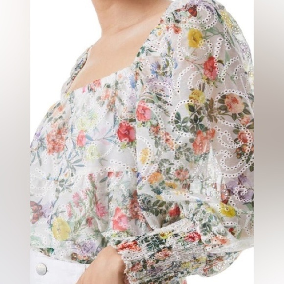 ALICE + OLIVIA Rowa Floral Embroidered Tiered Puffed-Sleeve Top - Picture 1 of 16